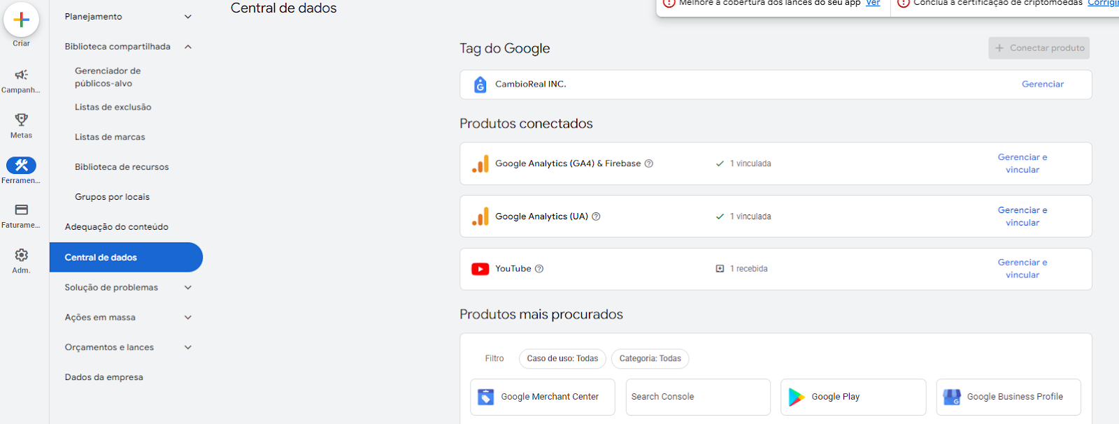 Central de dados Google Ads